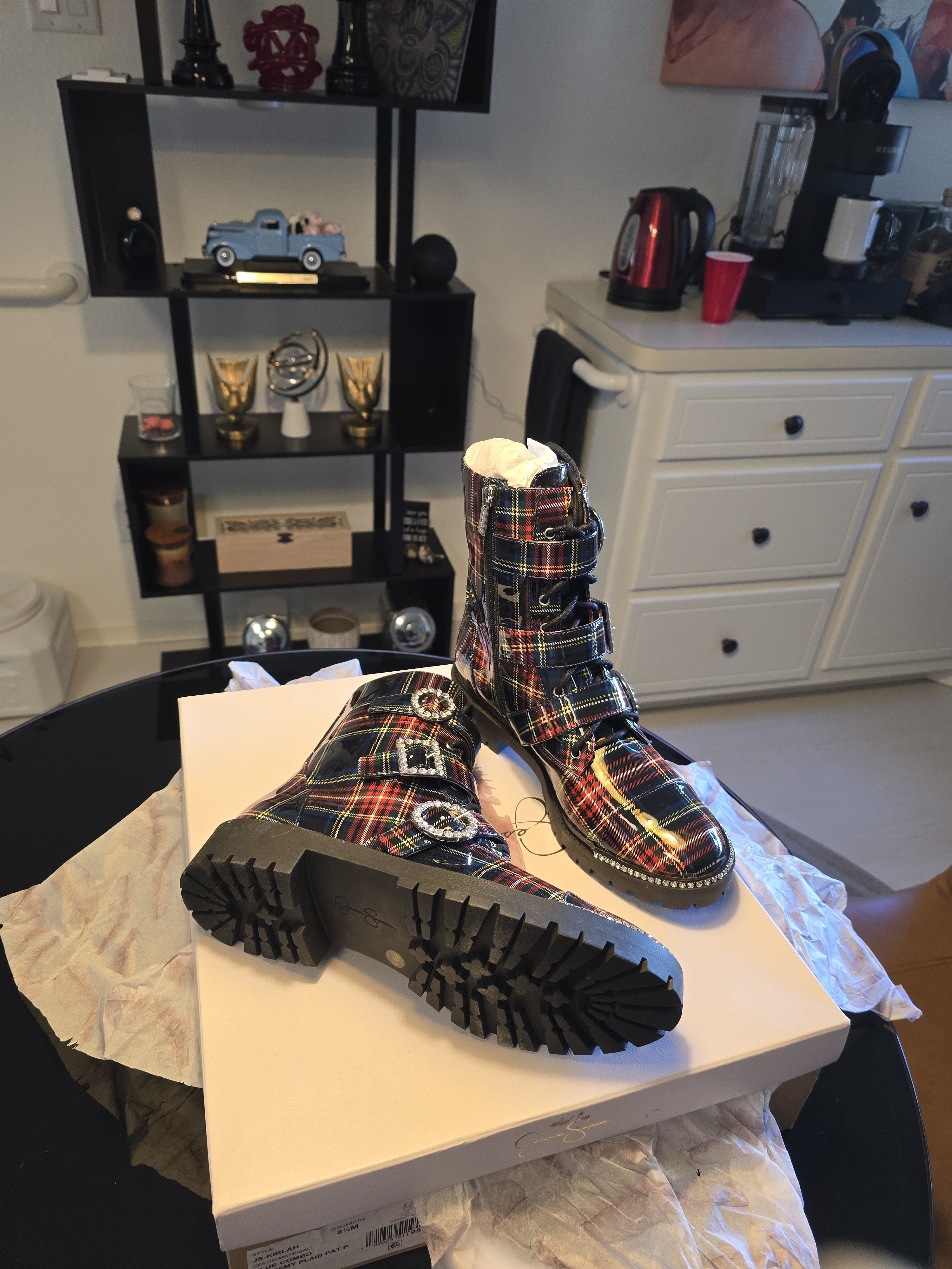 Jessica Simpson Plaid Combat Boots 8.5 Patent Leather Buckle Lace Up Nib